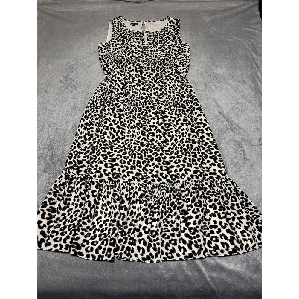 Talbots Womens 4 Black White Leopard Sleeveless Fit Flare Ruffle Lined Dress